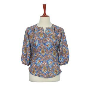 Womens Silky Blouse Blue Orange Paisley 3/4 Sleeve V-Neck Loose Casual Top Large